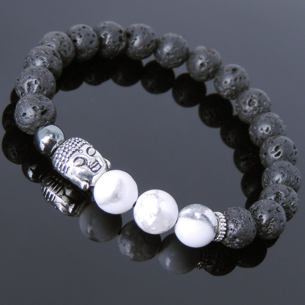 White Howlite Lava Rock & Hematite Healing Gemstone Bracelet with Tibetan Silver Sakyamuni Buddha & Spacers - Handmade by Gem & Silver TSB203