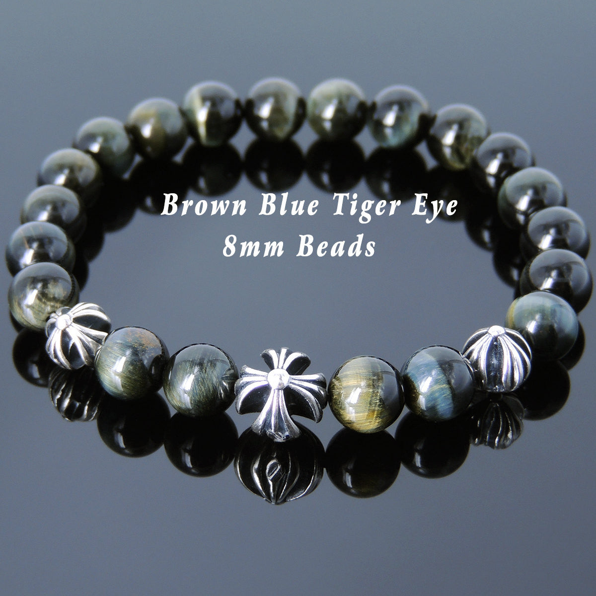 8mm Brown Blue Tiger Eye Healing Gemstone Bracelet with S925 Sterling Silver Holy Trinity Cross Beads - Handmade by Gem & Silver BR741