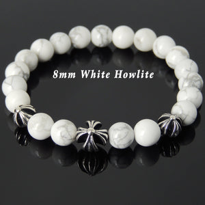 8mm White Howlite Healing Gemstone Bracelet with S925 Sterling Silver Holy Trinity Cross Beads - Handmade by Gem & Silver BR744