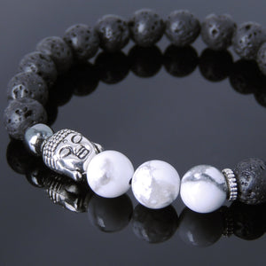 White Howlite, Lava Rock & Hematite Healing Gemstone Bracelet with Tibetan Silver Sakyamuni Buddha & Spacers - Handmade by Gem & Silver TSB203