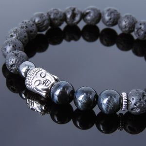 Blue Tiger Eye, Lava Rock & Hematite Healing Gemstone Bracelet with Tibetan Silver Sakyamuni Buddha & Spacers - Handmade by Gem & Silver TSB206