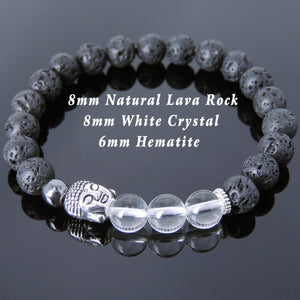 White Crystal Quartz, Lava Rock & Hematite Healing Gemstone Bracelet with Tibetan Silver Sakyamuni Buddha & Spacers - Handmade by Gem & Silver TSB208