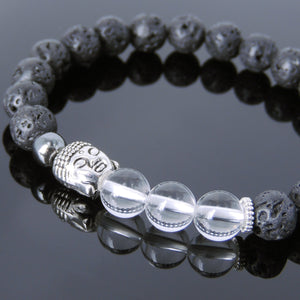 White Crystal Quartz, Lava Rock & Hematite Healing Gemstone Bracelet with Tibetan Silver Sakyamuni Buddha & Spacers - Handmade by Gem & Silver TSB208