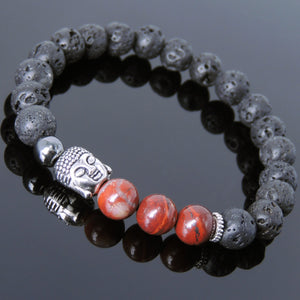 Red Jasper, Lava Rock & Hematite Healing Gemstone Bracelet with Tibetan Silver Sakyamuni Buddha & Spacers - Handmade by Gem & Silver TSB209