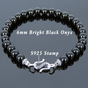 6mm Bright Black Onyx Healing Gemstone Bracelet with S925 Sterling Silver Fleur de Lis Pendant & S-Hook Clasp - Handmade by Gem & Silver BR735_425