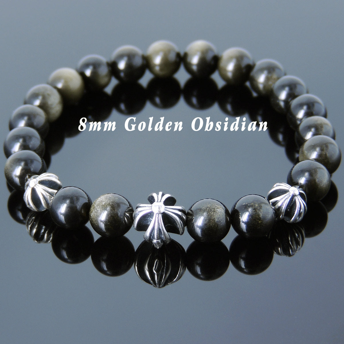 8mm Golden Obsidian Healing Gemstone Bracelet with S925 Sterling Silver Holy Trinity Cross Beads - Handmade by Gem & Silver BR746