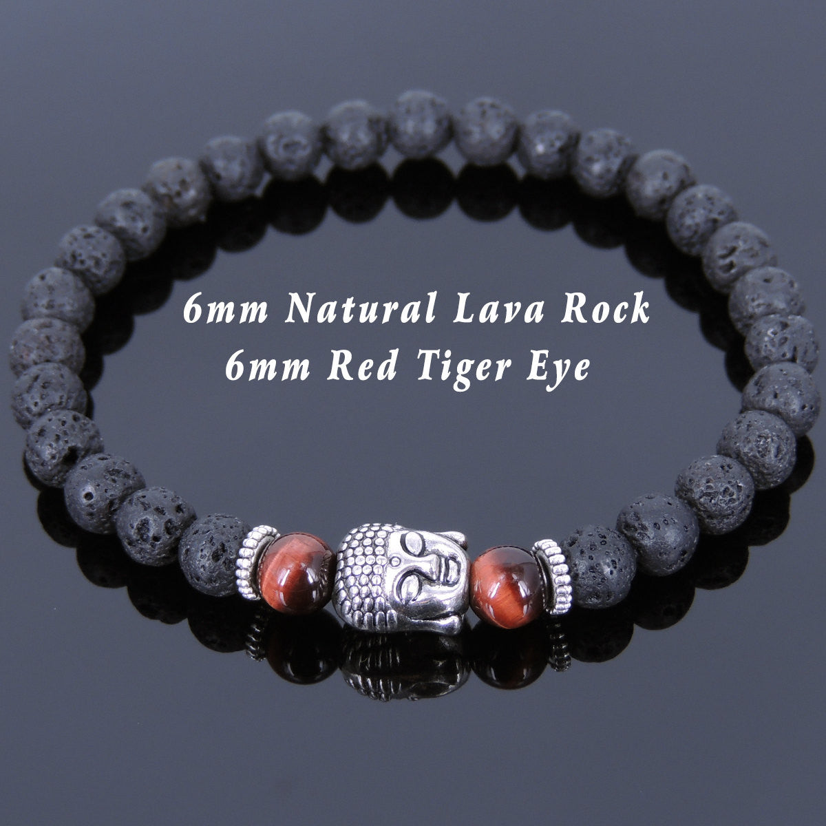 6mm Red Tiger Eye & Lava Rock Healing Gemstone Bracelet with Tibetan Silver Sakyamuni Buddha & Spacers - Handmade by Gem & Silver TSB119