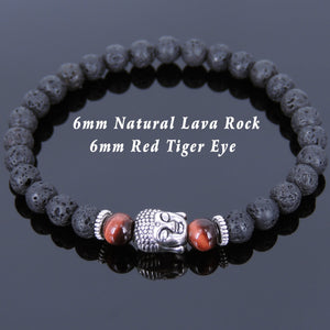 6mm Red Tiger Eye & Lava Rock Healing Gemstone Bracelet with Tibetan Silver Sakyamuni Buddha & Spacers - Handmade by Gem & Silver TSB119