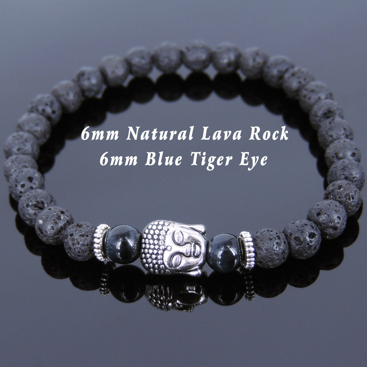 6mm Blue Tiger Eye & Lava Rock Healing Gemstone Bracelet with Tibetan Silver Sakyamuni Buddha & Spacers - Handmade by Gem & Silver TSB120