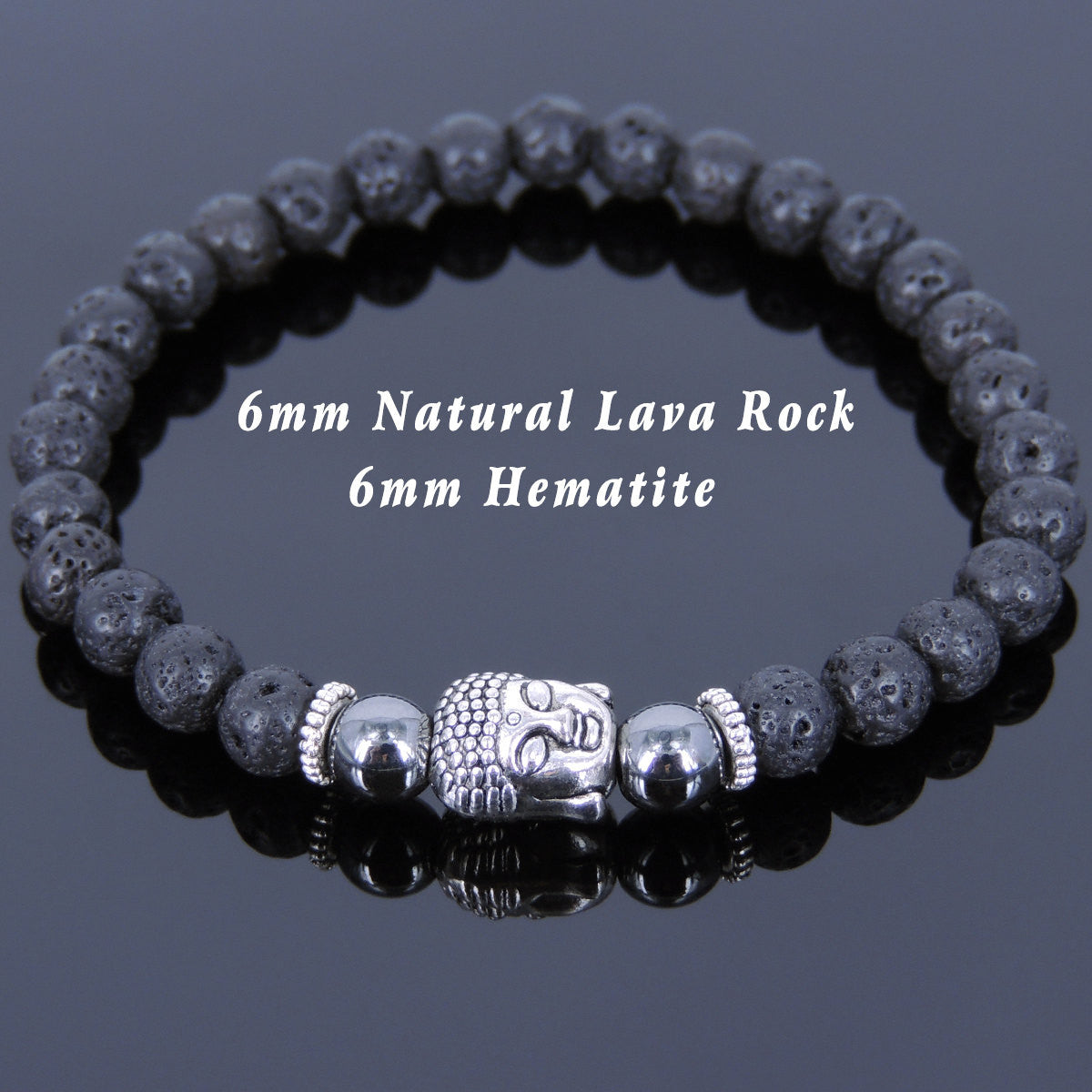 6mm Hematite & Lava Rock Healing Gemstone Bracelet with Tibetan Silver Sakyamuni Buddha & Spacers - Handmade by Gem & Silver TSB125