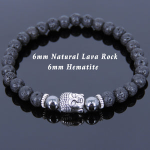 6mm Hematite & Lava Rock Healing Gemstone Bracelet with Tibetan Silver Sakyamuni Buddha & Spacers - Handmade by Gem & Silver TSB125