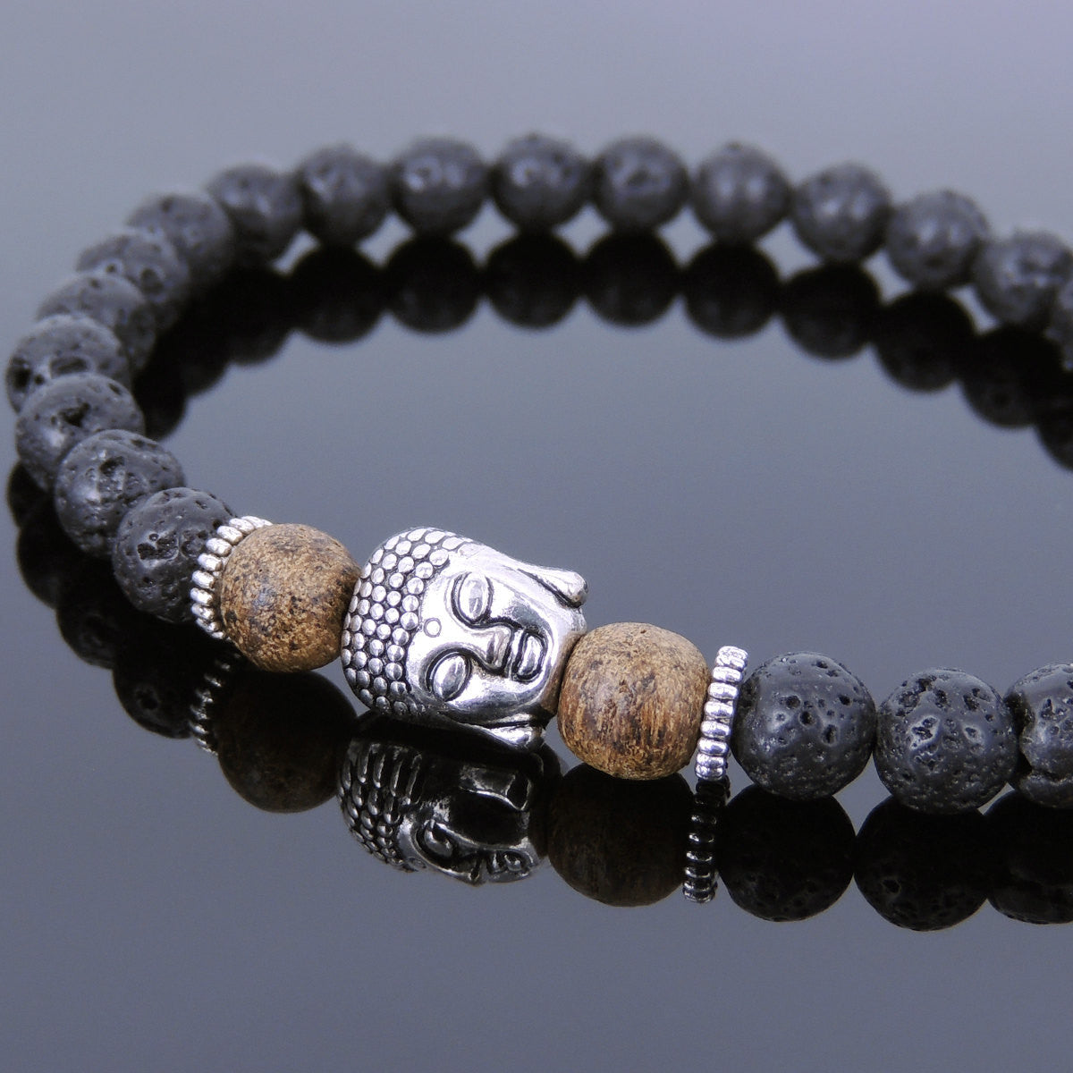 Agarwood & Lava Rock Healing Stone Bracelet with Tibetan Silver Sakyamuni Buddha & Spacers - Handmade by Gem & Silver TSB126