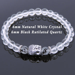 6mm Black Rutilated Quartz & White Crystal Quartz Healing Gemstone Bracelet with Tibetan Silver Spacers & Sakyamuni Buddha - Handmade by Gem & Silver TSB133