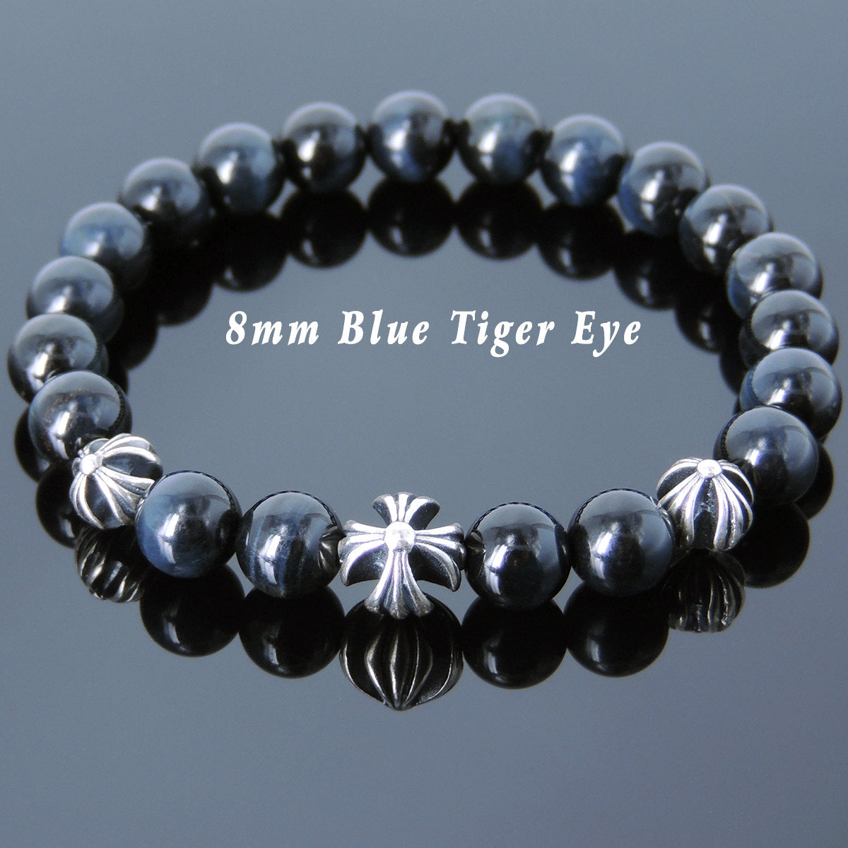 8mm Blue Tiger Eye Healing Gemstone Bracelet with S925 Sterling Silver Holy Trinity Cross Beads - Handmade by Gem & Silver BR749