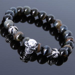 8mm Rare Mixed Blue Tiger Eye Healing Gemstone Bracelet with S925 Sterling Silver Protective Skull & Cross Beads- Handmade by Gem & Silver BR754