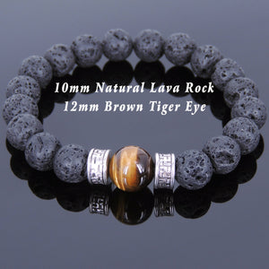 10mm Lava Rock & Brown Tiger Eye Healing Gemstone Bracelet with Tibetan Silver Buddhism Protection Beads - Handmade by Gem & Silver TSB135
