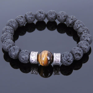 10mm Lava Rock & Brown Tiger Eye Healing Gemstone Bracelet with Tibetan Silver Buddhism Protection Beads - Handmade by Gem & Silver TSB135