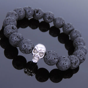 8mm Lava Rock Healing Stone Bracelet with Tibetan Silver Protection Skull Bead - Handmade by Gem & Silver TSB137