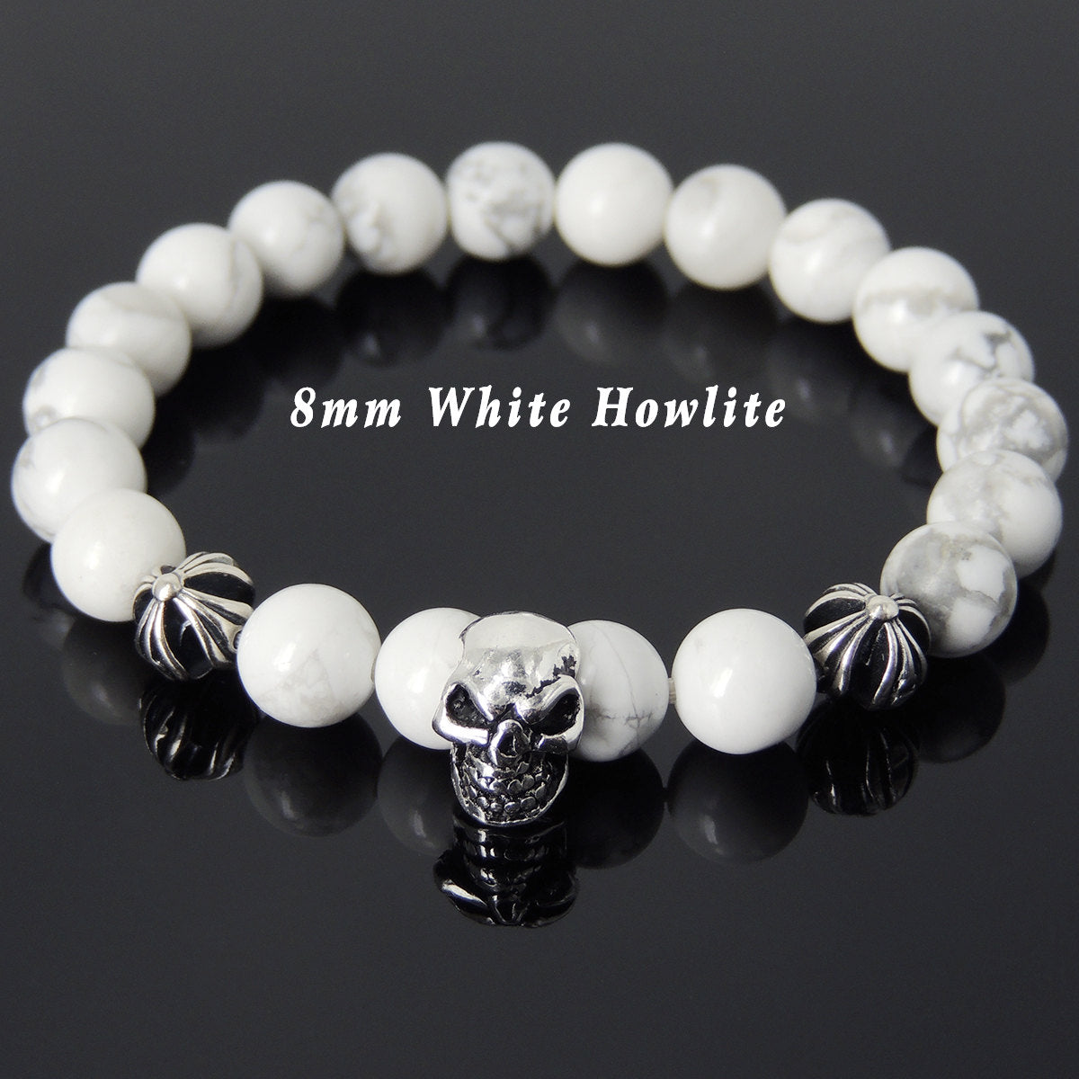8mm White Howlite Healing Gemstone Bracelet with S925 Sterling Silver Protective Skull & Cross Beads- Handmade by Gem & Silver BR758