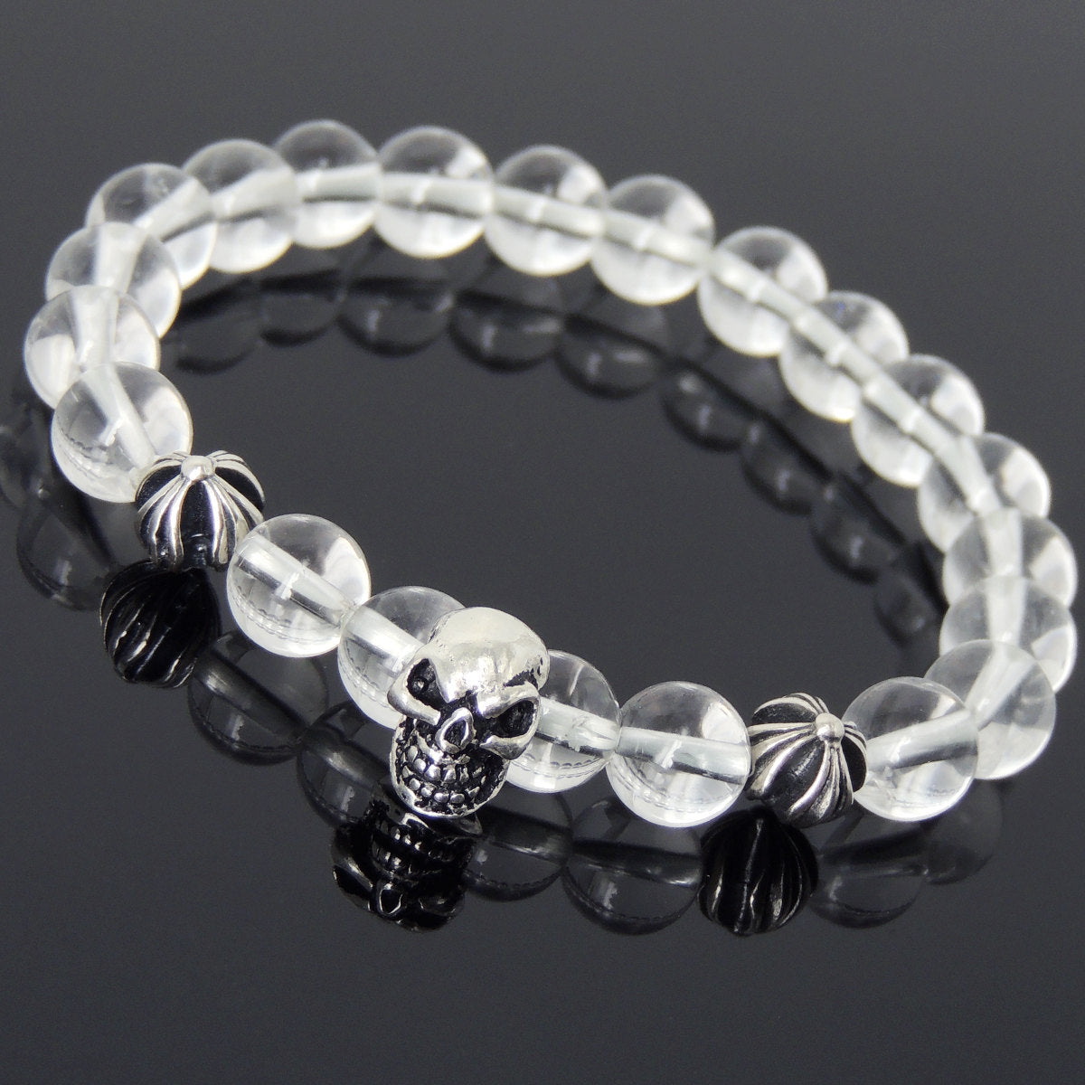 8mm White Crystal Quartz Healing Gemstone Bracelet with S925 Sterling Silver Protective Skull & Cross Beads- Handmade by Gem & Silver BR759