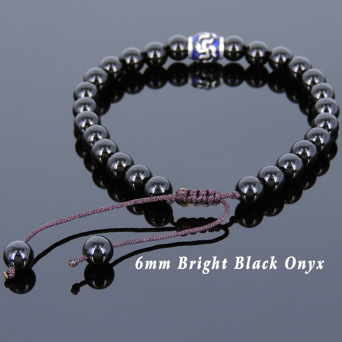 6mm Bright Black Onyx Adjustable Braided Bracelet with S925 Sterling Silver Hand-painted Buddhism Barrel Beads - Handmade by Gem & Silver BR730