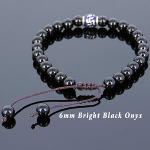 6mm Bright Black Onyx Adjustable Braided Bracelet with S925 Sterling Silver Hand-painted Buddhism Barrel Beads - Handmade by Gem & Silver BR730