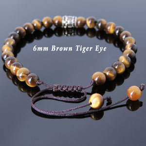 6mm Brown Tiger Eye Adjustable Braided Gemstone Bracelet with S925 Sterling Silver Fleur de Lis Barrel Bead - Handmade by Gem & Silver BR769