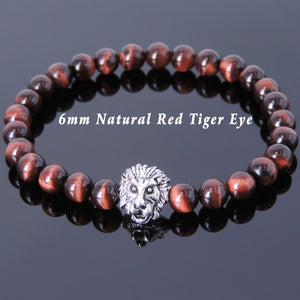 6mm Red Tiger Eye Healing Gemstone Bracelet with Vintage Tibetan Silver Lion Head Courage Charm - Handmade by Gem & Silver TSB143