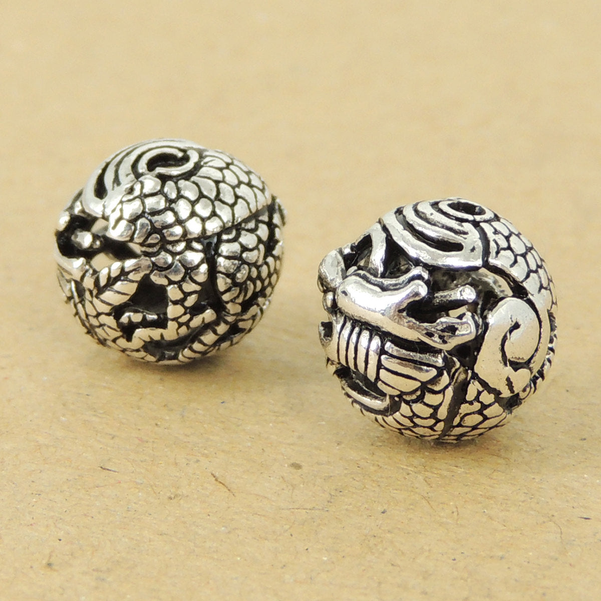 2 PCS Vintage Dragon Protection Beads - S925 Sterling Silver WSP417X2