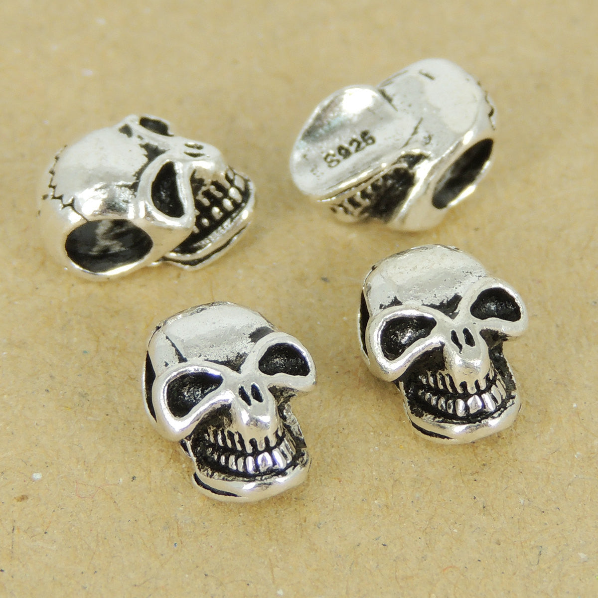 4 PCS Smiling Skull Beads - S925 Sterling Silver - Wholesale by Gem & Silver WSP431X4