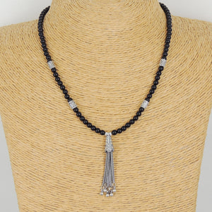 4mm Bright Black Onyx Healing Gemstone Necklace with S925 Sterling Silver Asian Peacock Pendant, Barrel Beads, & S-hook Clasp - Handmade by Gem & Silver NK109