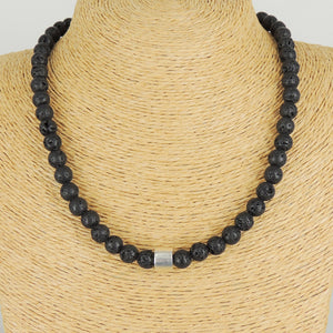 8mm Lava Rock Healing Stone Necklace with S925 Sterling Silver Simple Protection Barrel Bead & S-Hook Clasp - Handmade by Gem & Silver NK111