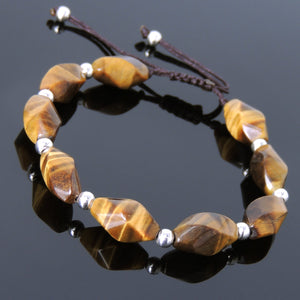 9x15mm Twisted Brown Tiger Eye Adjustable Braided Healing Gemstone Bracelet with S925 Sterling Silver Spacer beads - Handmade by Gem & Silver BR781