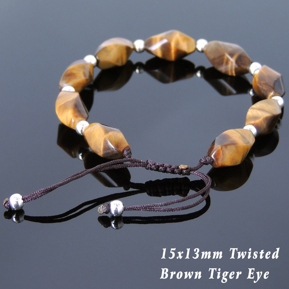 9x15mm Twisted Brown Tiger Eye Adjustable Braided Healing Gemstone Bracelet with S925 Sterling Silver Spacer beads - Handmade by Gem & Silver BR781