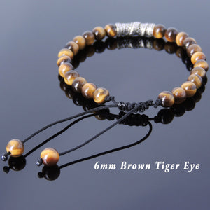 6mm Brown Tiger Eye Adjustable Braided Gemstone Bracelet with S925 Sterling Silver Dragon Charm - Handmade by Gem & Silver BR783