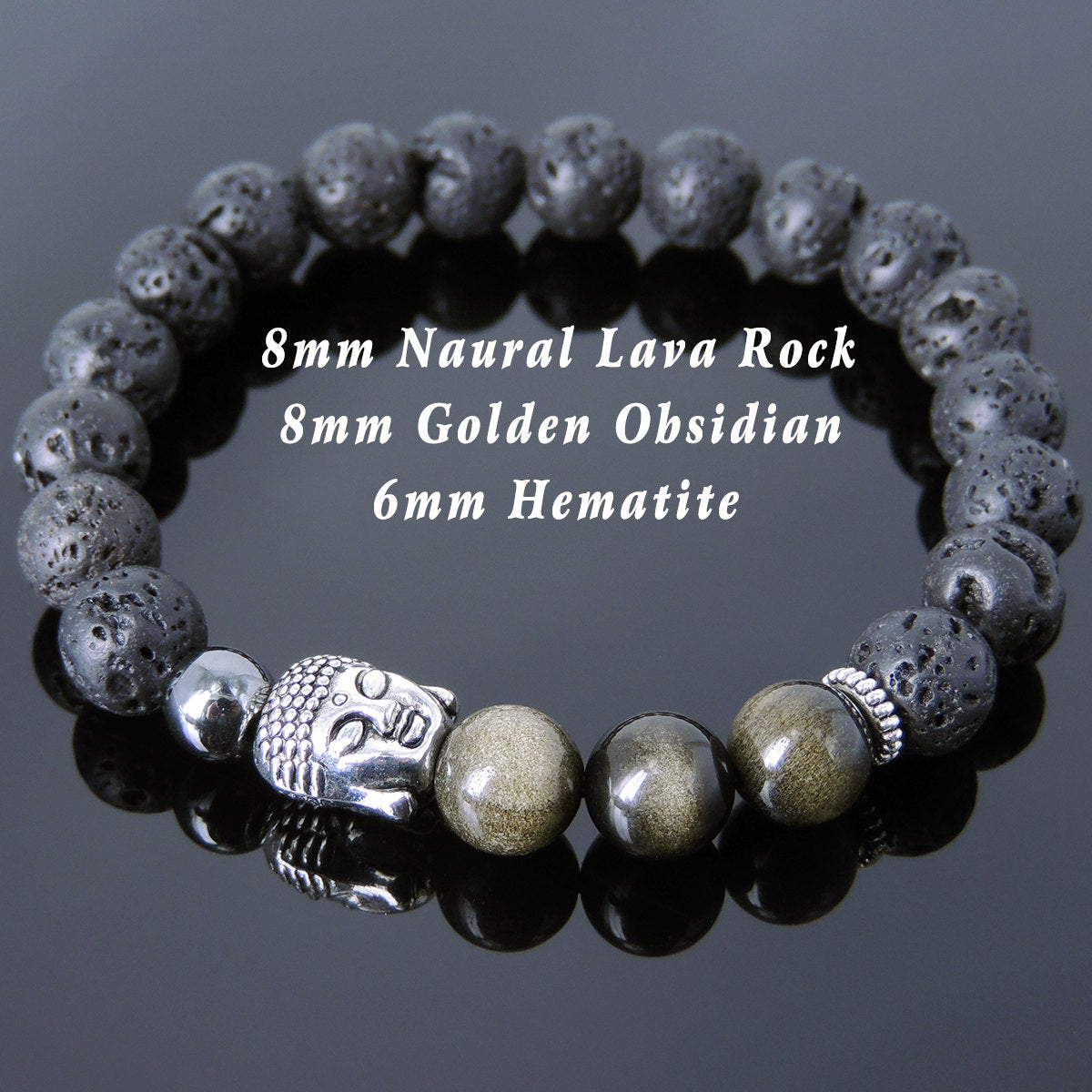 Golden Obsidian, Lava Rock & Hematite Healing Gemstone Bracelet with Tibetan Silver Sakyamuni Buddha & Spacers - Handmade by Gem & Silver TSB210