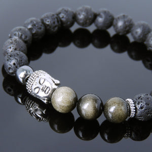 Golden Obsidian, Lava Rock & Hematite Healing Gemstone Bracelet with Tibetan Silver Sakyamuni Buddha & Spacers - Handmade by Gem & Silver TSB210
