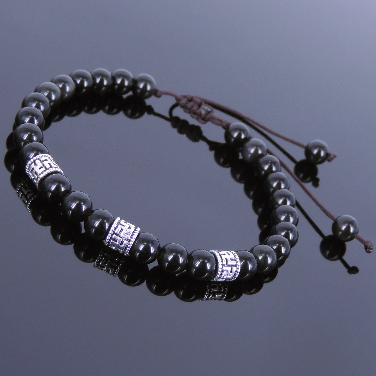 6mm Rainbow Black Obsidian Adjustable Braided Bracelet with Tibetan Silver Buddhist Protection Beads - Handmade by Gem & Silver TSB105