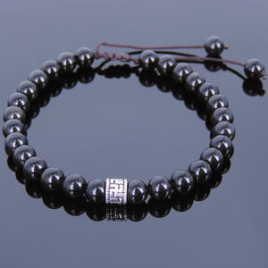 6mm Rainbow Black Obsidian Adjustable Braided Bracelet with Tibetan Silver Buddhist Protection Bead - Handmade by Gem & Silver TSB106