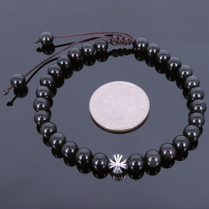 6mm Rainbow Black Obsidian Adjustable Braided Gemstone Bracelet with Tibetan Silver Cross Bead - Handmade by Gem & Silver TSB107