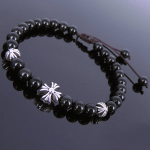 6mm Rainbow Black Obsidian Gemstone Adjustable Braided Bracelet with Tibetan Silver Holy Trinity Cross Beads - Handmade by Gem & Silver TSB109