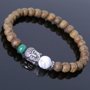 White Howlite, Malachite, & Agarwood Bracelet for Prayer & Meditation with S925 Sterling Silver Spacer & Guanyin Buddha Protection Bead - Handmade by Gem & Silver BR700
