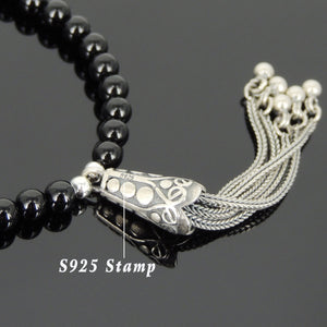 4mm Bright Black Onyx Healing Gemstone Bracelet with S925 Sterling Silver Asian Peacock Pendant, Spacer Beads & S-Hook Clasp - Handmade by Gem & Silver BR705