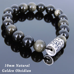 10mm Golden Obsidian Healing Gemstone Bracelet with S925 Sterling Silver OM Meditation Charm - Handmade by Gem & Silver BR708