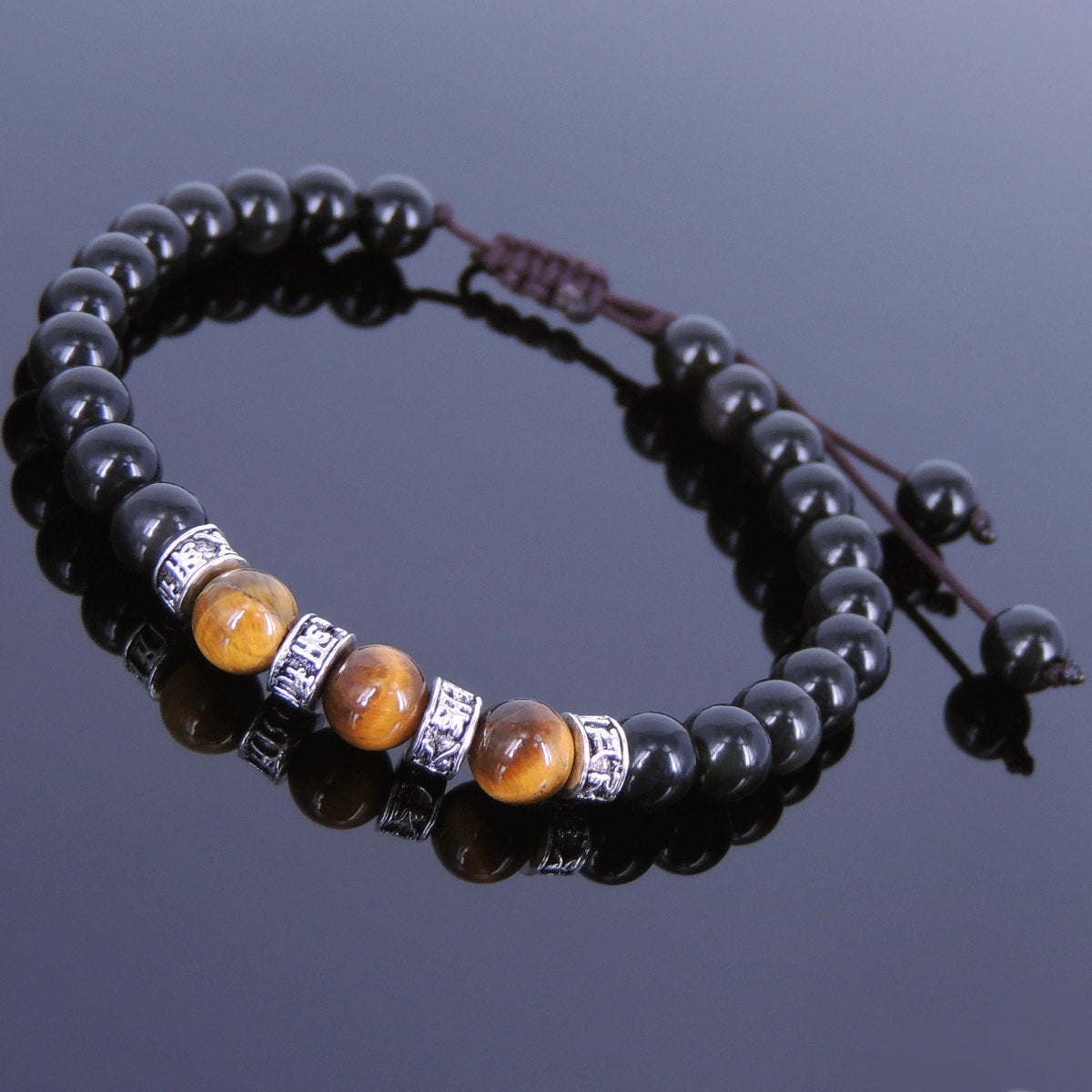 6mm Rainbow Black Obsidian & Brown Tiger Eye Adjustable Braided Bracelet with Tibetan Silver Buddhism OM Meditation Spacer Beads - Handmade by Gem & Silver TSB114