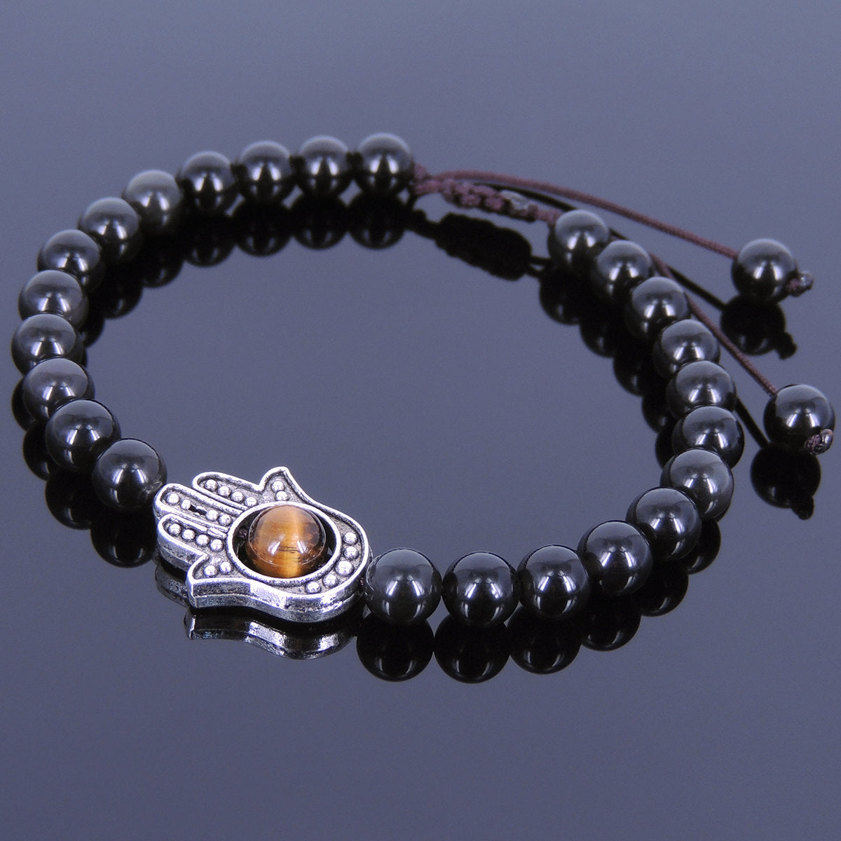 6mm Rainbow Black Obsidian & Brown Tiger Eye Adjustable Braided Bracelet with Tibetan Silver Hamsa Hand Charm - Handmade by Gem & Silver TSB113