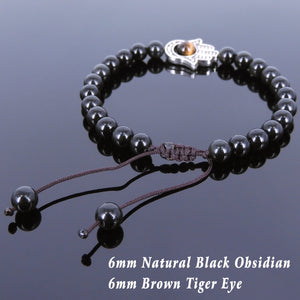 6mm Rainbow Black Obsidian & Brown Tiger Eye Adjustable Braided Bracelet with Tibetan Silver Hamsa Hand Charm - Handmade by Gem & Silver TSB113