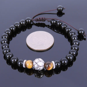 6mm Brown Tiger Eye & Rainbow Black Obsidian Adjustable Braided Gemstone Bracelet with Tibetan Silver Lotus Bead - Handmade by Gem & Silver TSB116