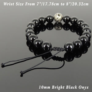Bright and Glossy Black Onxy semiprecious gemstones, Elegant carved dragon bead, Handmade adjustable bracelet, Symbol of protection, courage, tranquility, strength, love, spirituality, Gemstone jewelry for All Genders, Prayer, Healing, Yoga, Use with Chakra Meditation to increase your energy flow – durable black cords, adjustable braided drawstring, sterling silver S925, includes FREE Jewelry Bag, Sterling Silver Jewelry Cleaning Cloth